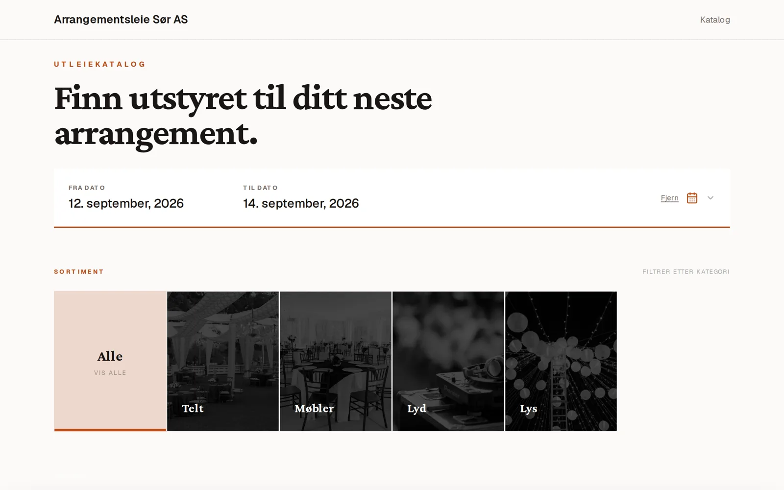 UtleieFlyt customer catalogue for an event-rental company, with demo data